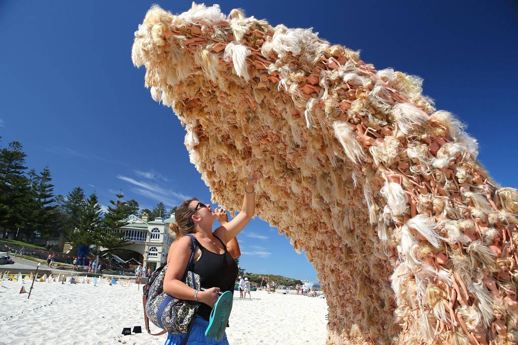 PERTH, AUSTRALIA - MARCH 07:  (EDITORS NOTE: A polarizing filter was used for this image.) Wave 1 by artist Annette Thas is seen at the 10th annual Sculpture by the Sea at Cottesloe Beach on March 7, 2014 in Perth, Australia.  (Photo by Paul Kane/Getty Images)